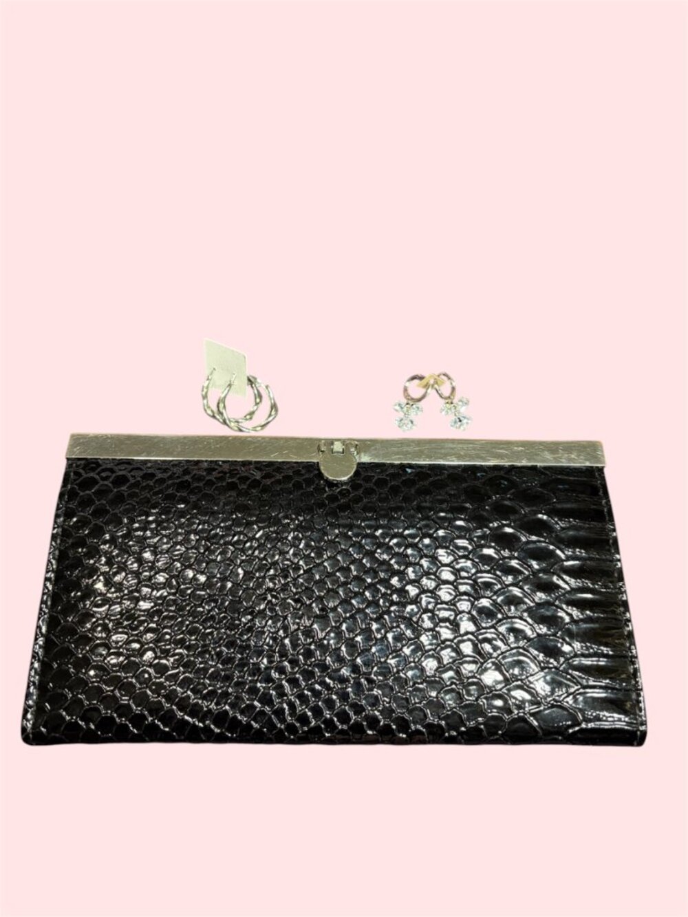 BLACK PATENTSNAKE EMBOSSED WALLET CLUTCH AND 2 PAIR EARRINGS